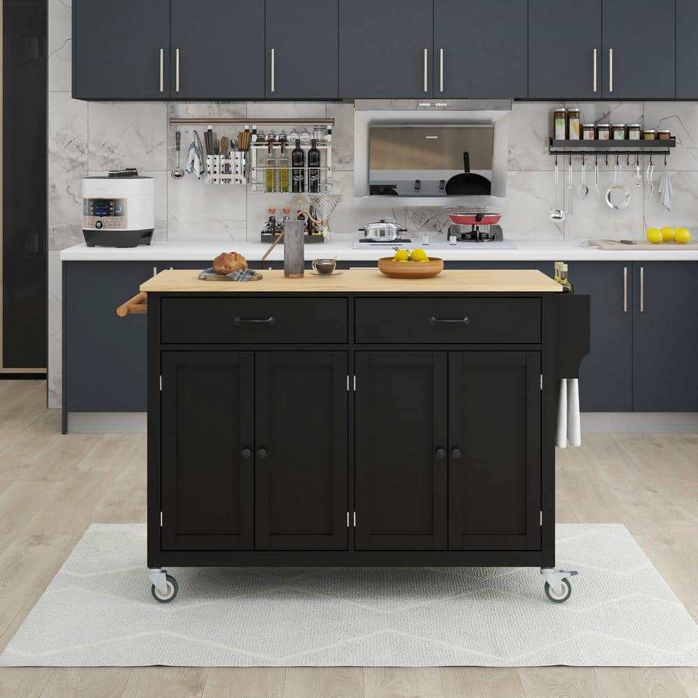 Westsky 54.3 Wide Black Mobile Kitchen Island Cart Locking Wheels 4-Doors Cabinet with Solid Wood Top and 2-Drawers