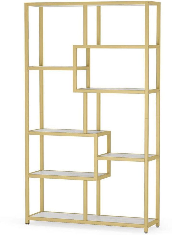 Tribesigns Earlimart 39.37 in. Wide Gold 8-Shelf Etagere Bookcase Bookshelf with White Faux Marble Veneer MDF Board