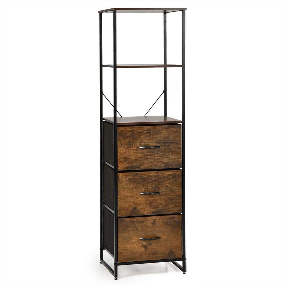 Costway Vertical Rustic Brown 3-Drawer Dresser w/3 Shelves Tall Storage Tower Chest Freestanding