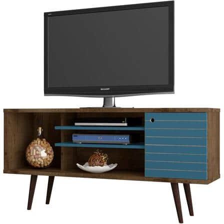 Manhattan Comfort Liberty 53 in. Rustic Brown and Aqua Blue Matte Composite TV Stand Fits TVs Up to 50 in. with Storage Doors