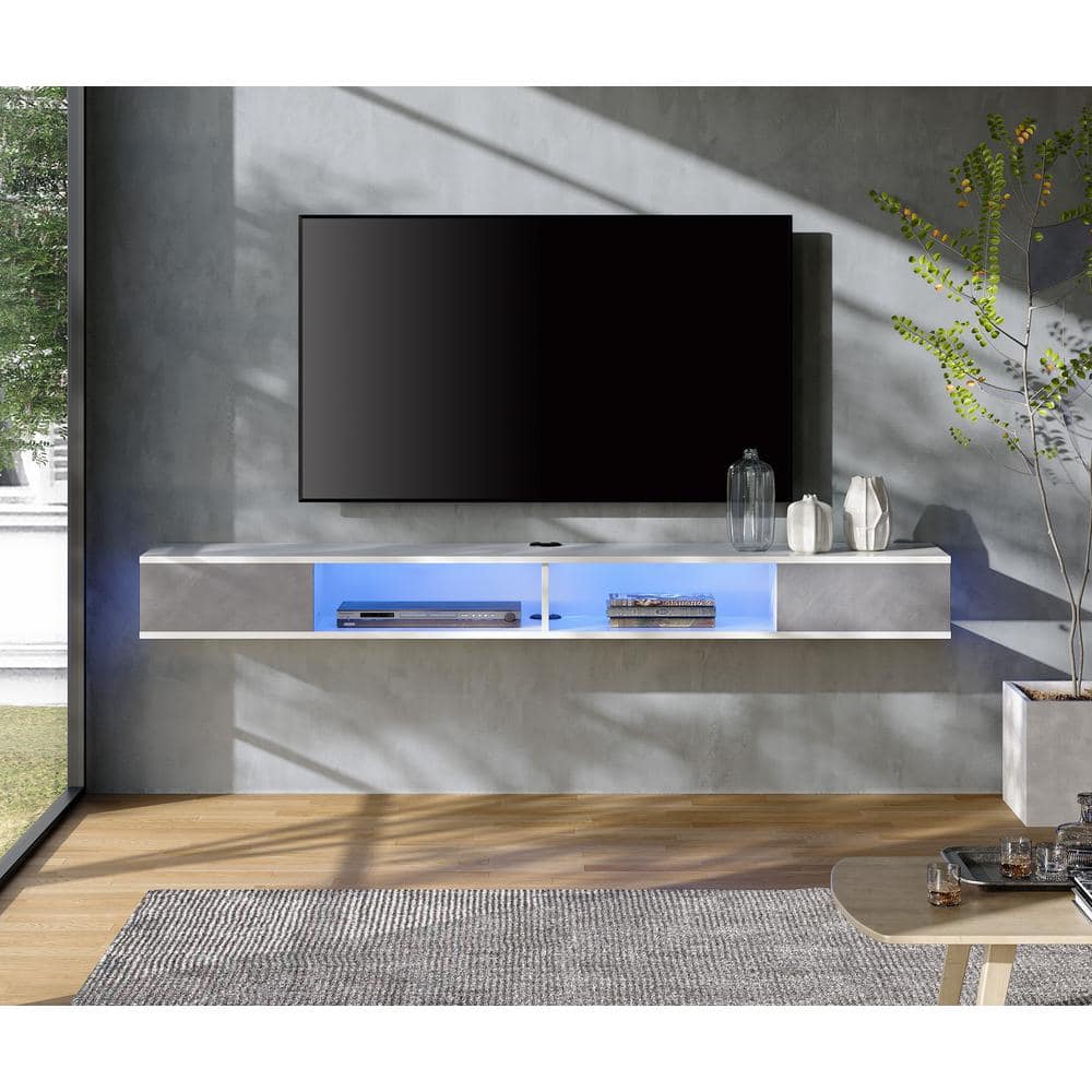 WAMPAT Floating 70 in. White TV Stand Entertainment Storage Fits TV's up to 75 in. with Cable Management