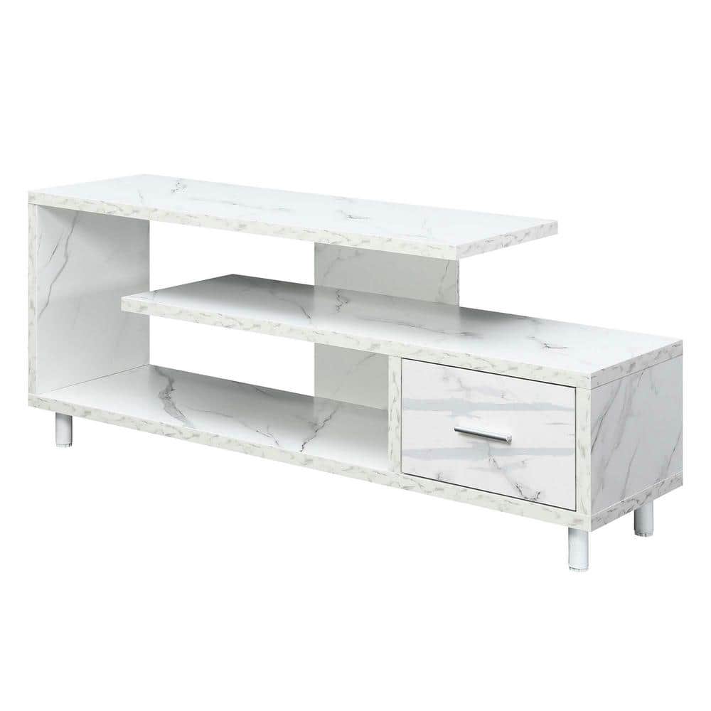 Convenience Concepts Seal II 59 in. White Faux Marble Particle Board TV Stand with 1 Drawer Fits TV's up to 65 in. with Shelves