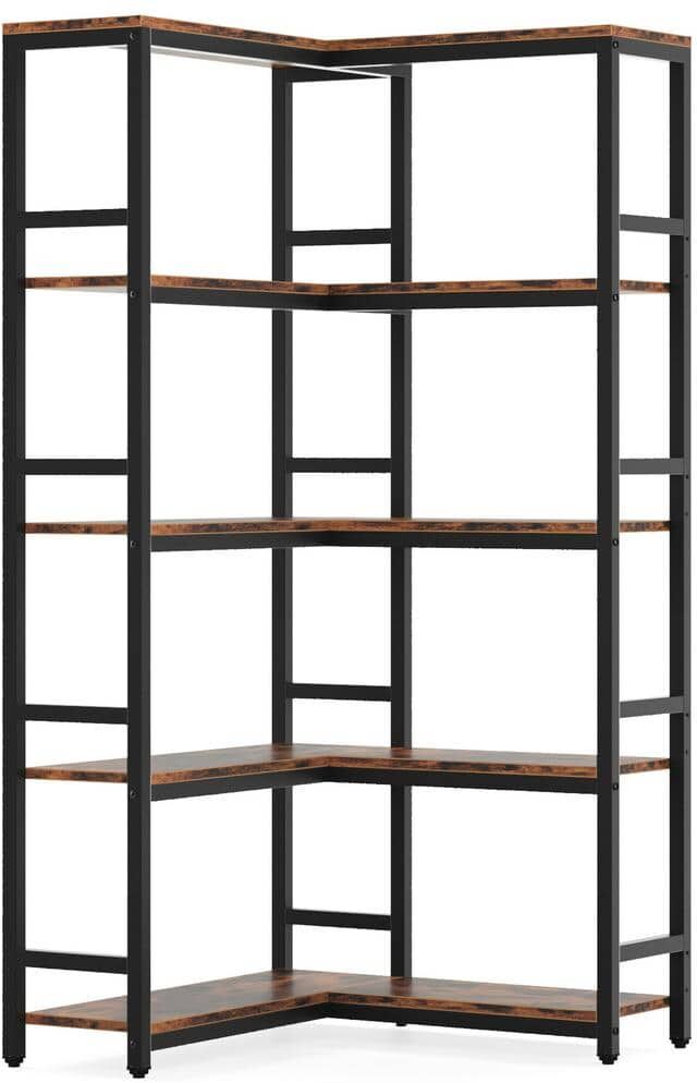 Tribesigns Earlimart 70.87 in. Rustic Brown Engineered Wood and Metal 5-Shelf Corner Etagere Bookcase with 5-Tier Storage Shelves