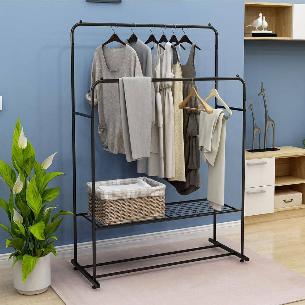 URTR Black Garment Rack with Shelving Freestanding Hanger Metal Heavy Duty Double Rods Multi-functional Bedroom Clothing Rack