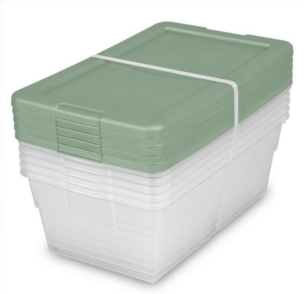 Sterilite 6 qt. Stackable Storage Tote Box Container with Crisp Green Lid in Clear 5-Pack