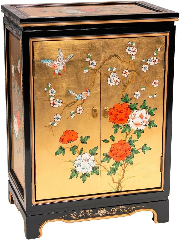 Oriental Furniture 34.25 in. H x 24 in. W 8-Pair Gold Lacquered Wood Birds and Flowers Shoe Storage Cabinet