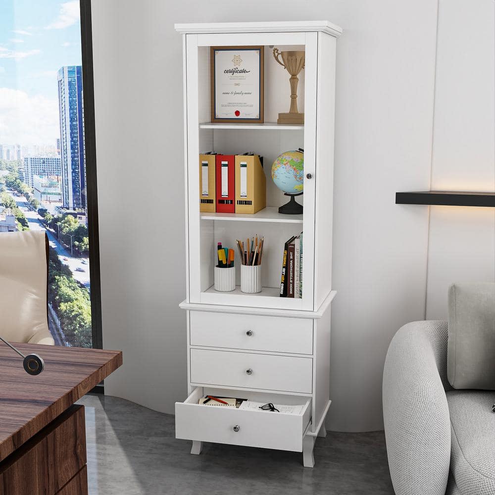 FUFU&GAGA 70.9 in. H Wood Standard Bookshelf Bookcase in White With Tempered Glass Doors, 3 Drawers and Adjustable Shelves