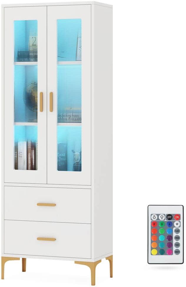 BYBLIGHT Alan 64.96 in. H White Bookcase with LED Light, Bookshelf with Door and Drawers