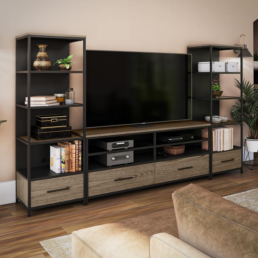 Ameriwood Home Pulse TV Stand for TVs up to 60 in., Sterling Oak Wood Veneer with Black Metal and Black Glass