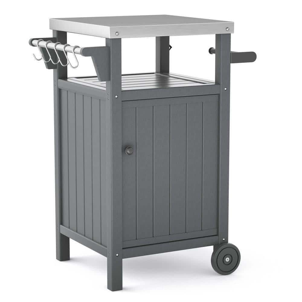 Gray Outdoor Stainless Steel Kitchen Island Cart Grilling Table with Storage Cabinet, Wheels, Hooks and Side Shelf