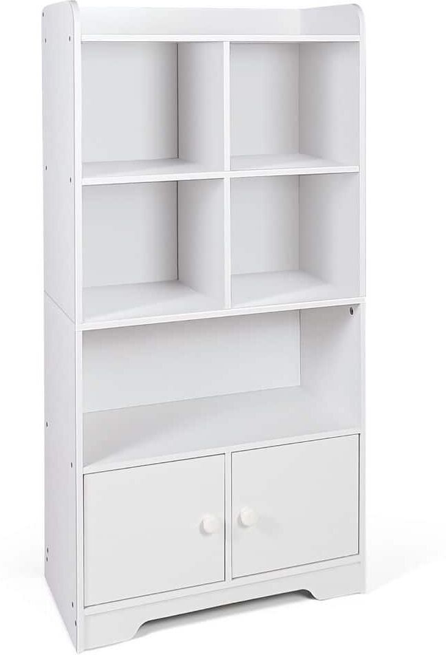 Costway White 4-Tier Bookshelf 2-Door Storage Cabinet with 4-Cubes Display Shelf for Home Office