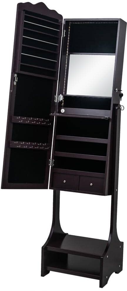 Outopee Whole Body Wooden Free Standing Brown Jewelry Armoire Cabinet with Interior Mirror LED 63 in. H x 18 in. W x 15 in. D