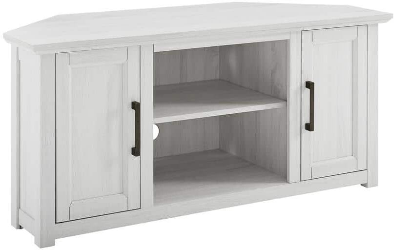 CROSLEY FURNITURE Camden Whitewash 48 in. Corner TV Stand Fits 50 in. TV with Cable Management