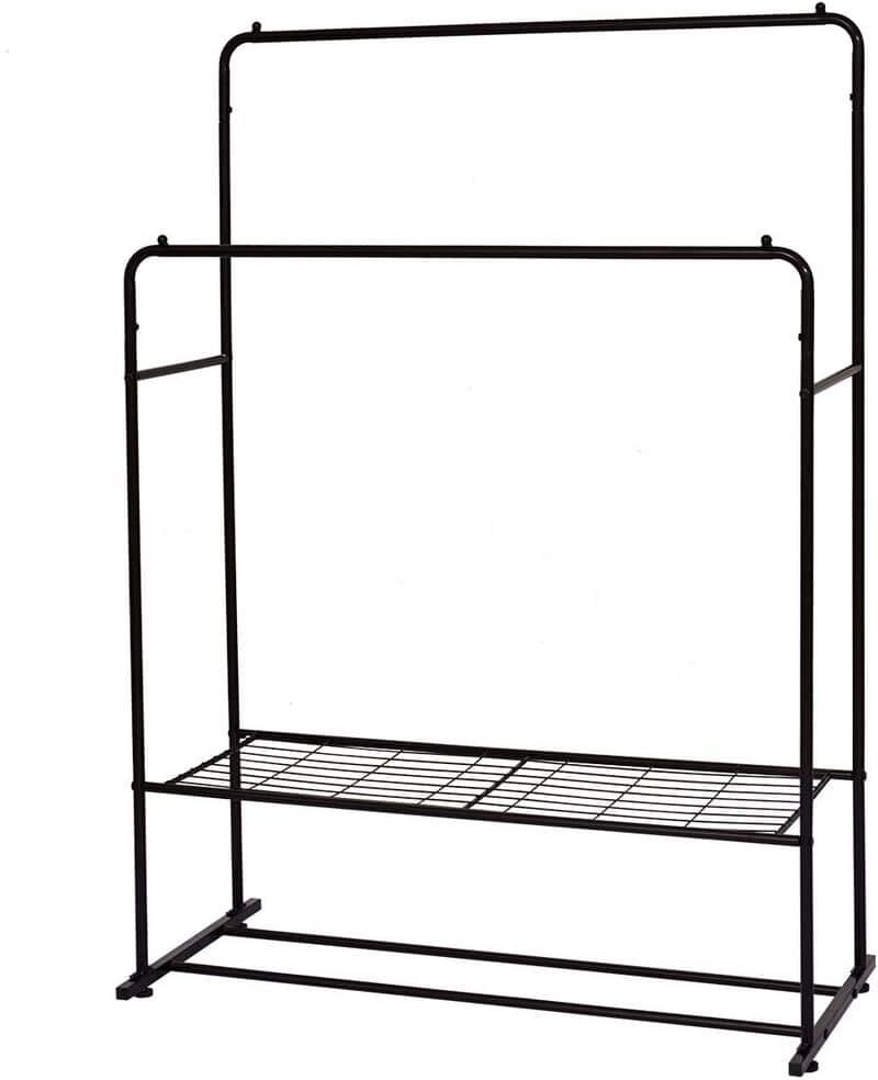 Amucolo Black Freestanding Garment Rack Hanger Double Rods Multi-functional Bedroom Clothing Rack with Shelf