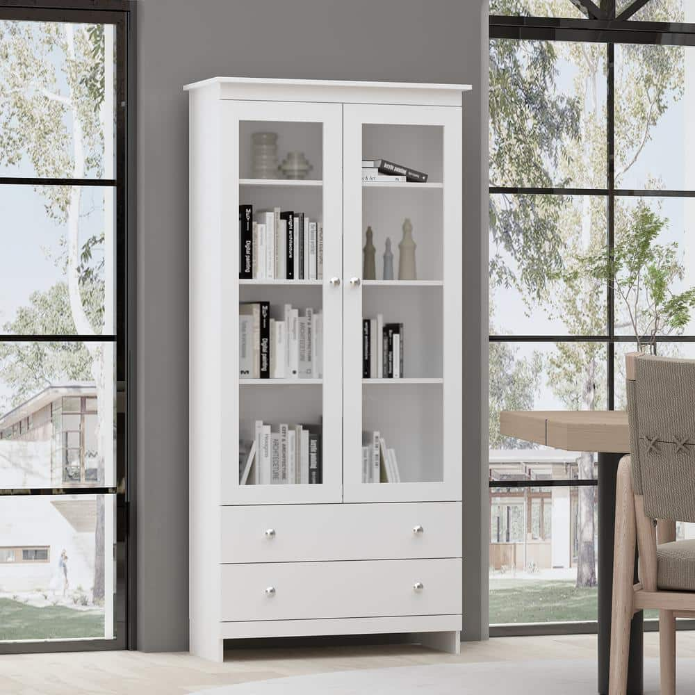 FUFU&GAGA White Wood 2-Door Cabinet Bookshelf Cupboard with 2-Drawers and Adjustable Shelves