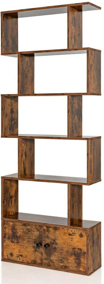 Costway 27.5 in. W 6-Tier 5-Shelves Standard Bookshelf w/Cabinet S-Shaped Bookcase Storage Rack Rustic Brown