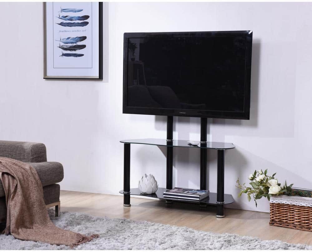 HODEDAH 35 in. Black Glass TV Stand Fits TVs Up to 55 in. with Cable Management