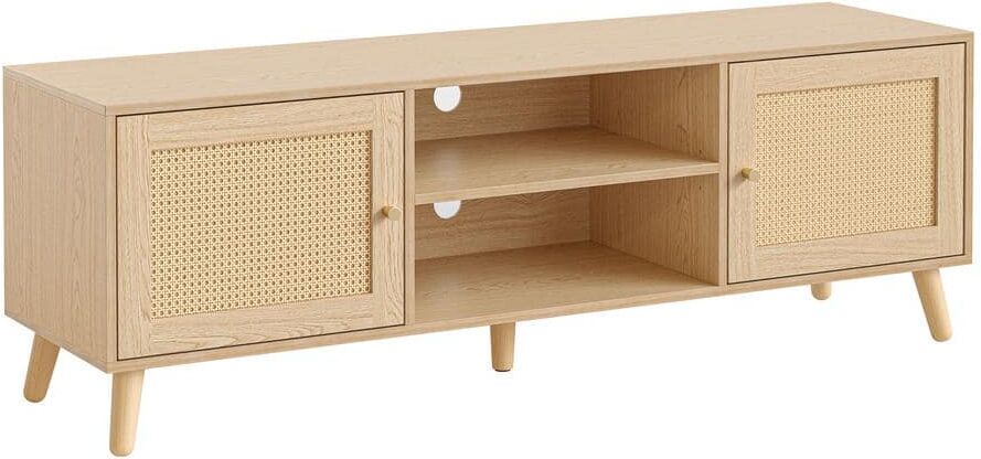 LUE BONA Camylle Natural Solid Wood Boho TV Stand for 65 in. TV Entertainment Center with Adjustable Shelves and Cabinet