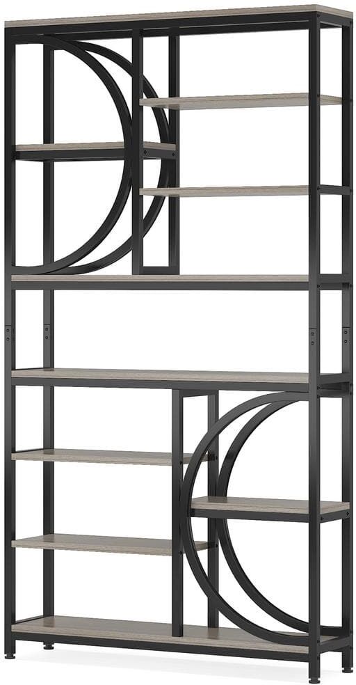 BYBLIGHT Eulas 76.77 in. Tall Gray and Black Engineered Wood 10-Shelf Etagere Bookcase Display Shelves Book Storage Organizer