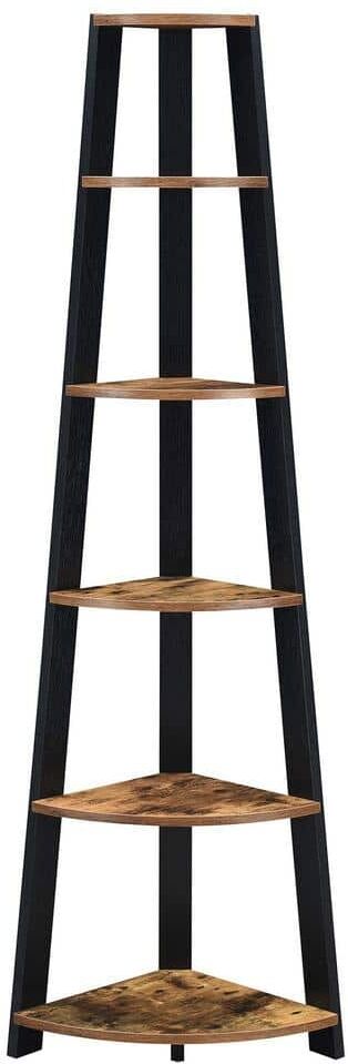 Convenience Concepts Newport 71 in. Barnwood and Black MDF 6 Tier Corner Accent Bookcase