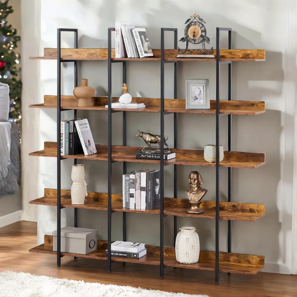 aisword 70.87 in. Tall Industrial Style MDF 5-Shelf Bookcase with Metal Frame, Tall Open Storage Book Shelves - Brown