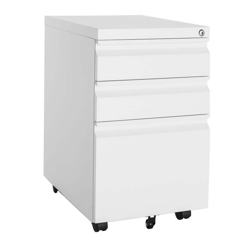 Mlezan White Mobile File Cabinet 14.6 in. W x 17.7 in. D Letter/Legal Metal 3-Drawer with Lock on Wheels
