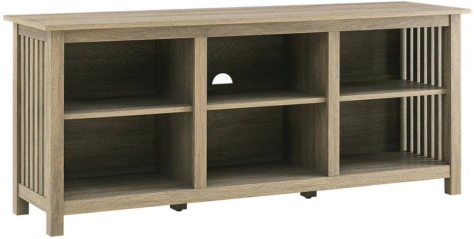 Welwick Designs 58 in. Cerused Ash Wood Mission Open Storage Media Console with Cable Management Fits TV's up to 65 in.