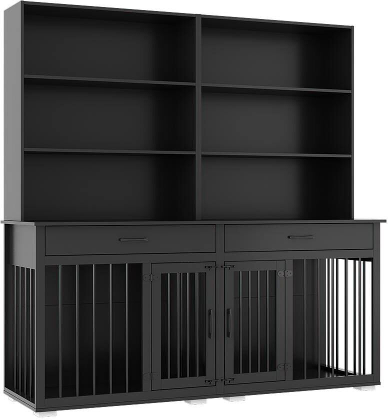 FUFU&GAGA Dog House Furniture Style Dog Crate Storage Cabinet, Indoor Wood 6-Shelf Bookcase Bookshelf with Large Dog Crate, Black