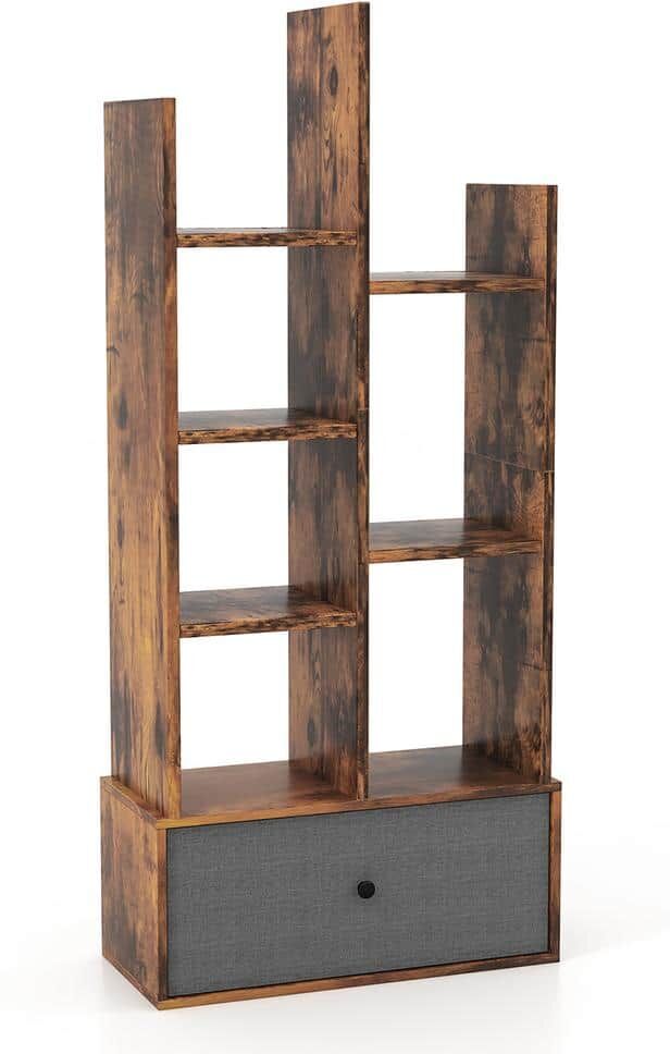 Costway 21 in. Wide 7-Shelf Industrial Bookshelf Rustic Wooden Shelf Organizer with Non-woven Fabric Drawer