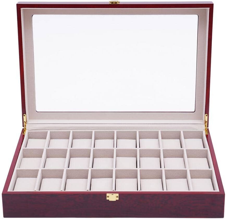 YIYIBYUS Claret 24 Slots Watch Box Glass Top Display Organizer Jewelry Storage Boxes Holder