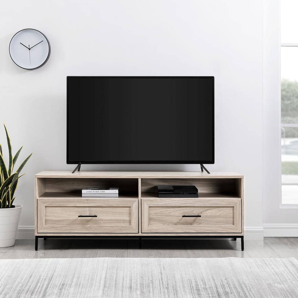 Welwick Designs 56 in. Birch Wood Modern TV Stand with 2 Drawers and Cable Management (Max tv size 60 in.)