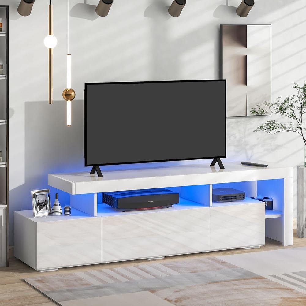 Clihome Modern Style White TV Stand Cabinet Fits TV's up to 70 in. with DVD Shelf and 16-colored LED Lights