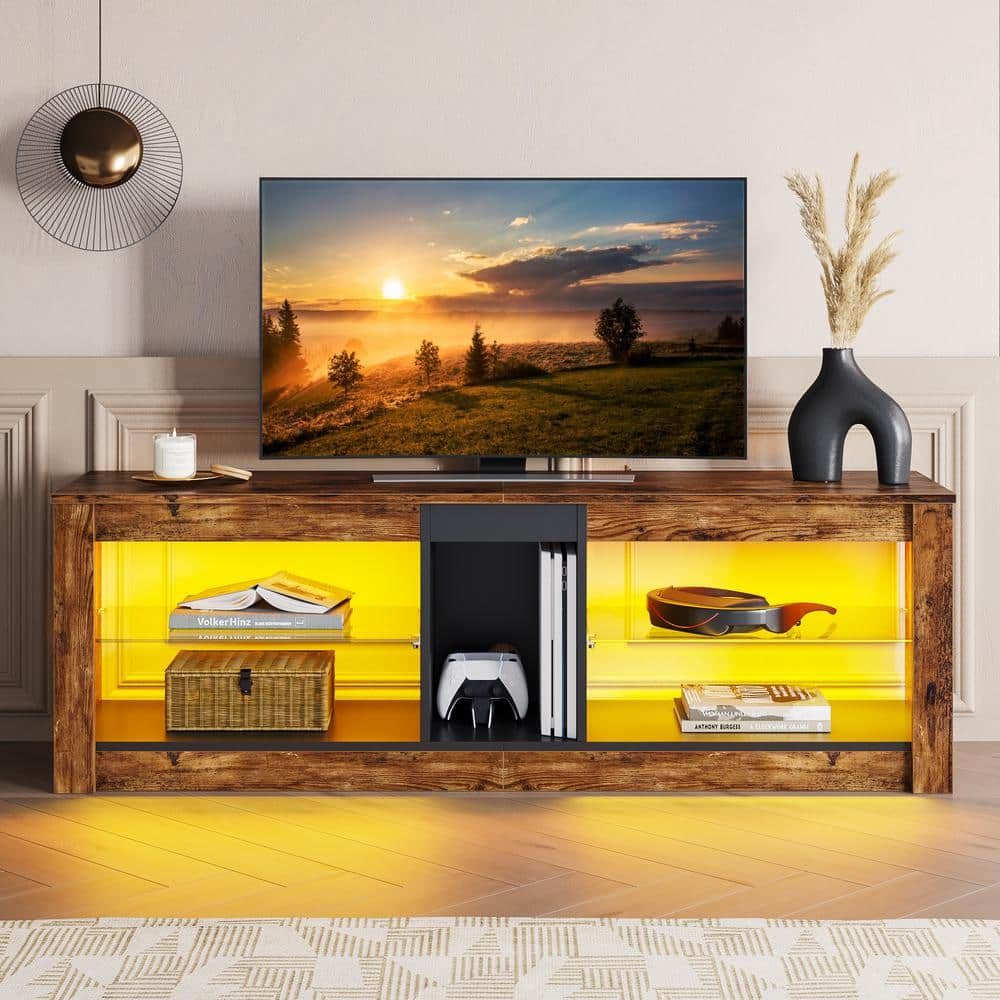 Bestier 55 in. Rustic Brown TV Stand with LED Lights Entertainment Center with Glass Shelves