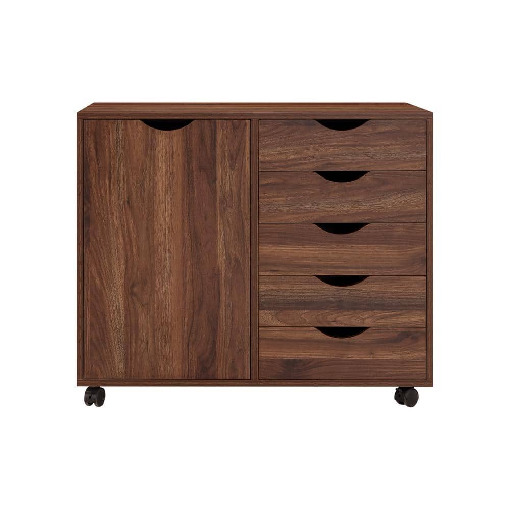 MAYKOOSH Brown Oak 5 Drawer with Shelf 30.7 in W x 15.7 in D x 26.3 in H Wooden File Cabinets Vertical File Cabinet