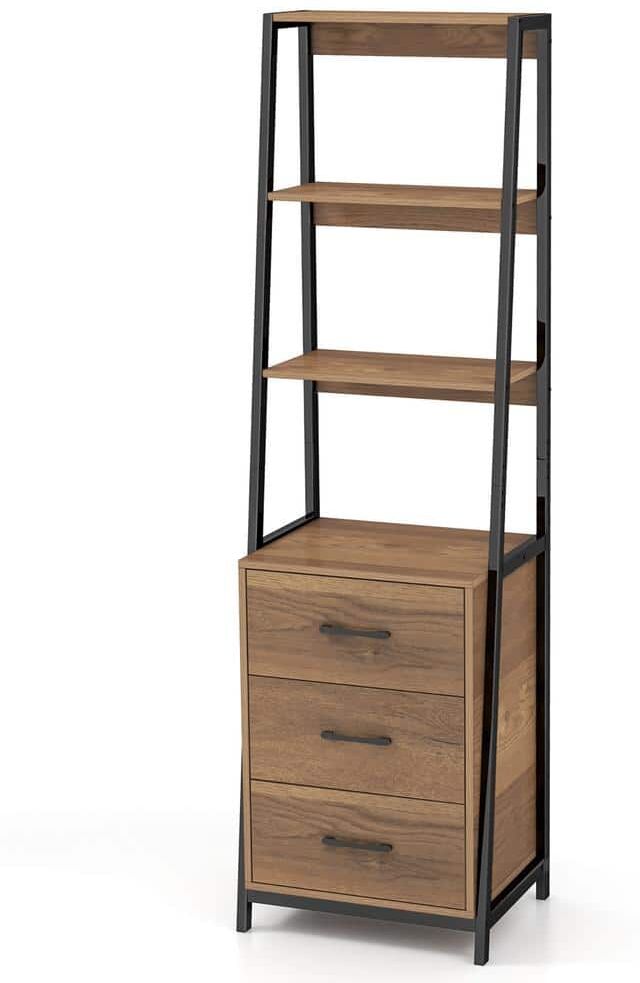 Gymax 69 in. Tall Natural Wood 3-Shelf Ladder Bookshelf with 3 Open Shelves Printer Stand 3 Storage Drawers