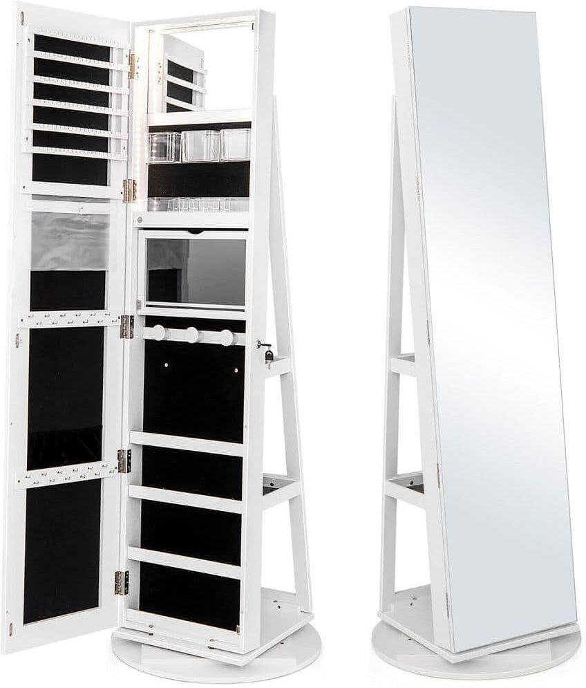 Gymax 360° Rotating Mirrored Jewelry Cabinet w/High Mirror and Storage Shelves White