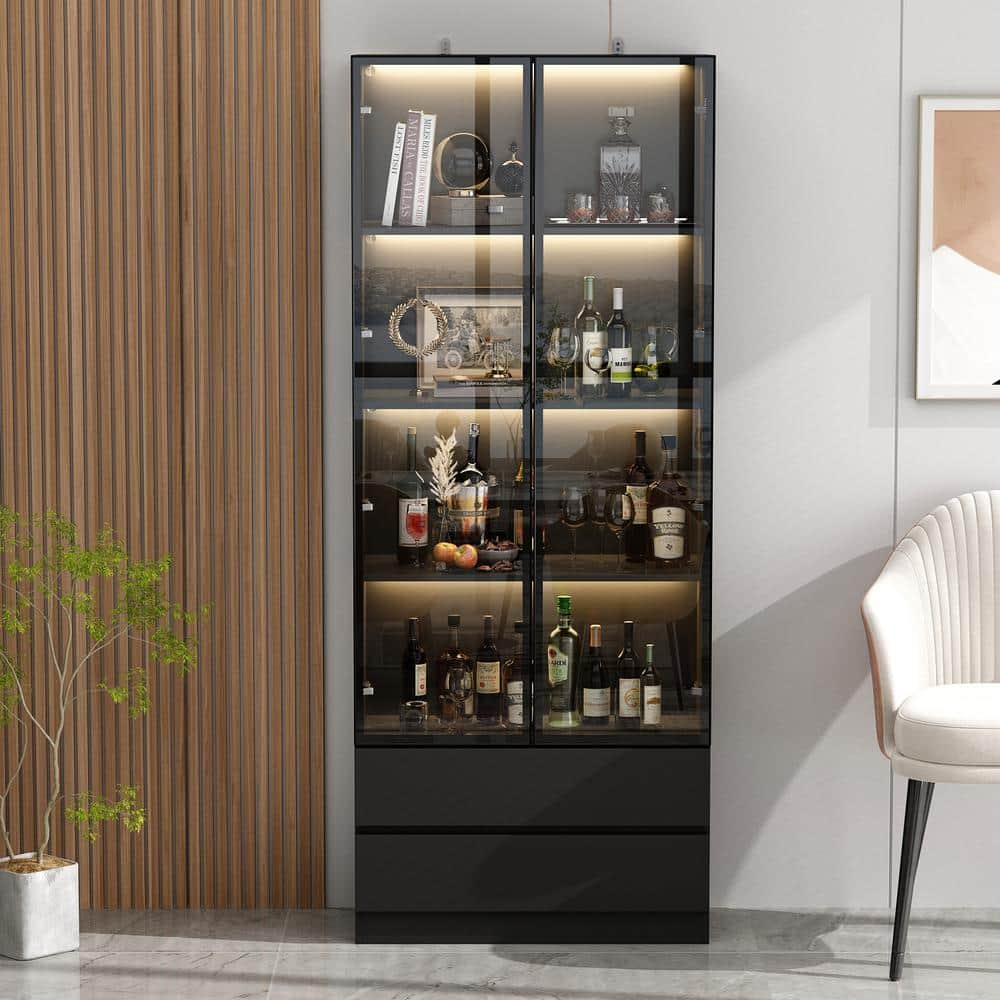 FUFU&GAGA 78.7 in. Black Wooden Accent Storage Cabinet With 2-Glass Doors, Drawers, Adjustable Shelves, LED Lights