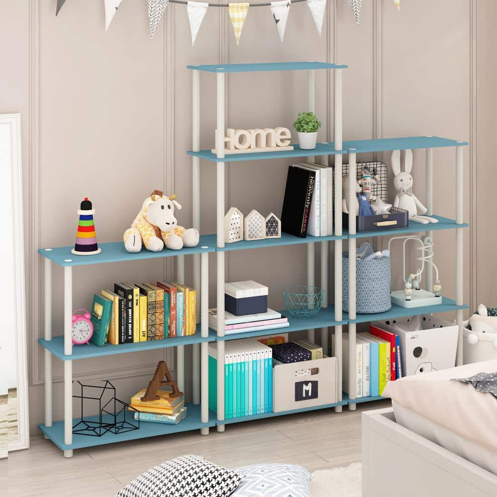 Furinno 43.25 in. Tall Light Blue/White Wood 4-Shelves Etagere Bookcases