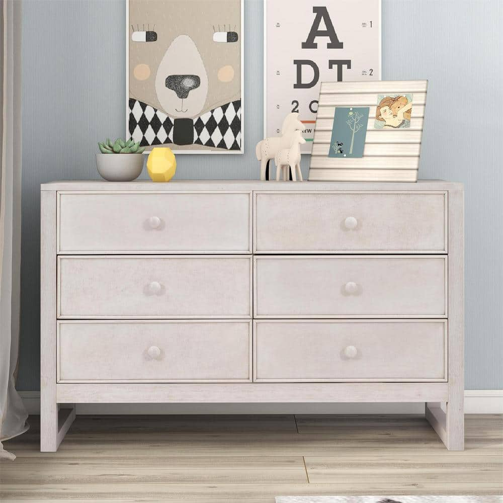 Antique White 6-Drawers 48 in. Chest of Drawers Wood Dresser Storage Cabinet Organizer