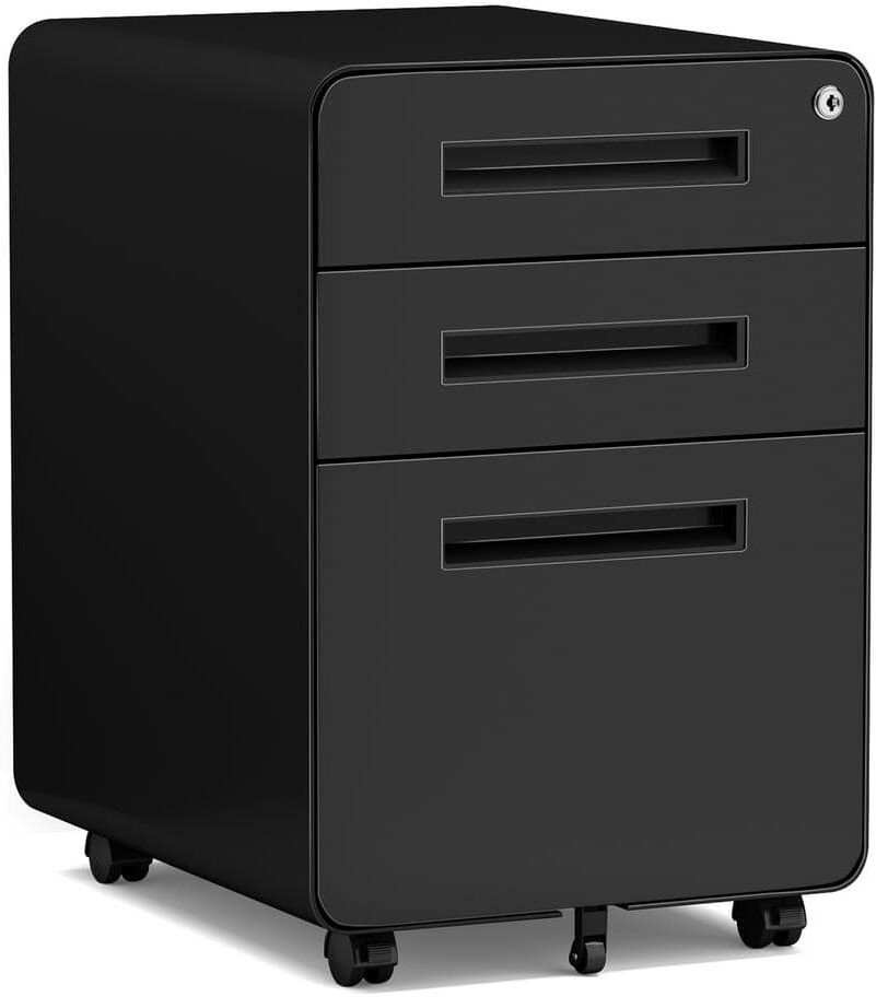 Mlezan Black 3-Drawer Mobile File Cabinet with Lock 17.7 in. D x 15.7 in. W x 22.8 in. H Deep Storage Drawer for Letter Legal