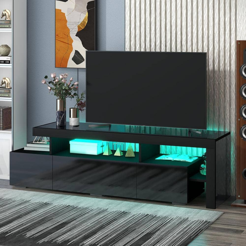 Harper & Bright Designs Black Modern Style TV Stand Fits TV's up to 70 in. with Cabinets, DVD Shelf, and 16-colored LED Lights