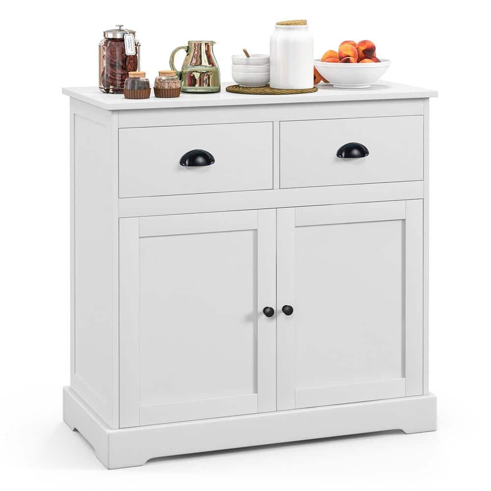 Costway White Wood 31.5 in. Kitchen Buffet Storage Cabinet with 2 Doors 2 Storage Drawers Anti-toppling Design