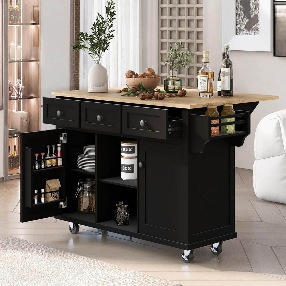 Polibi Black Kitchen Cart, Kitchen Island with Drop-Leaf Countertop and Cabinet Door Internal Storage Racks and 3-Drawers