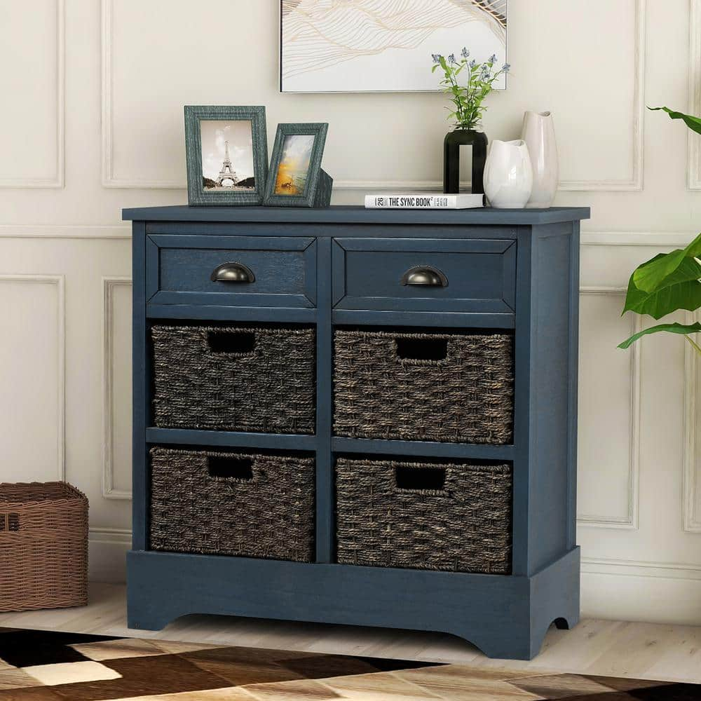 GODEER Antique Navy Rustic Storage Cabinet with Two Drawers and Four Classic Rattan Basket