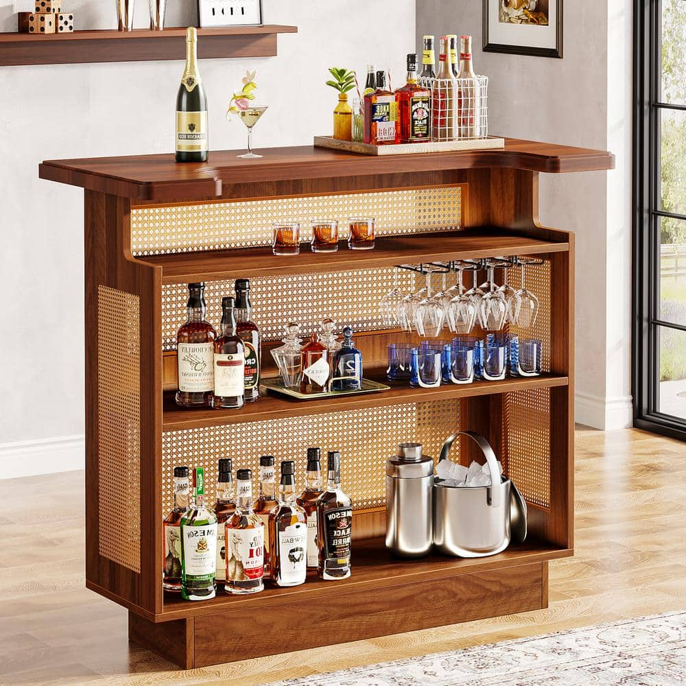 BYBLIGHT Nederland 47.2 in. Rattan Home Bar Unit, Farmhouse 4-Tier Bar Table with 4 Wine Glasses Holder, Caramel Brown