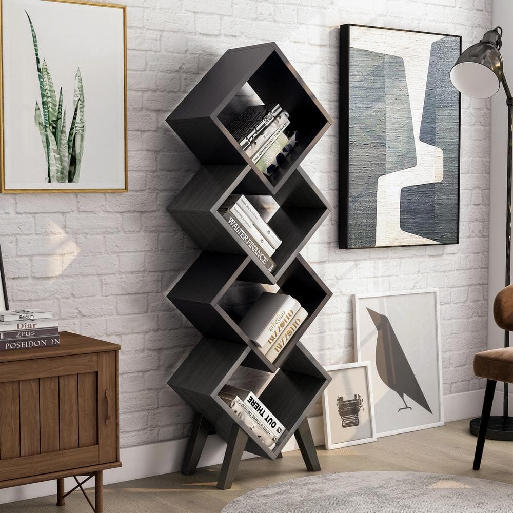 Furniture of America Scout 62 in. Black and Distressed Gray Wood Shelf Modern Bookcase Accent With 4-Shelves