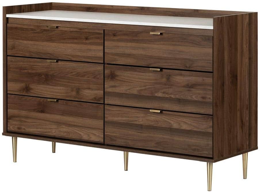 South Shore Hype 6-Drawer Natural Walnut and Carrara Marble Double Dresser 36 in. H x 57 in. W x 18 in. D