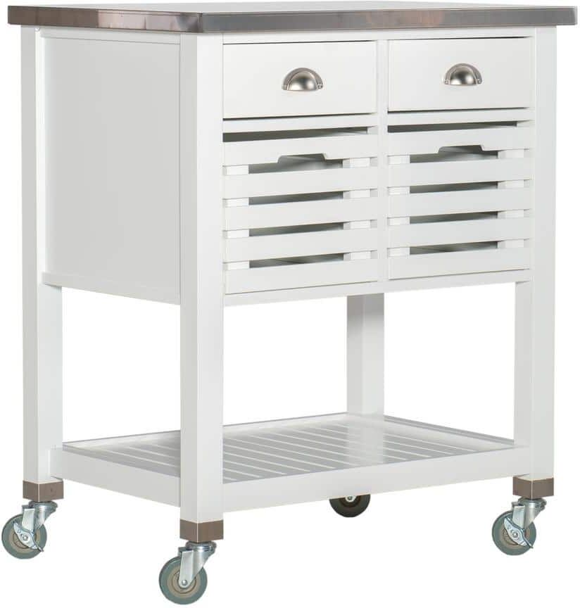 Linon Home Decor Hawthorn White Kitchen Cart with Two Drawers, Two Pull-Out Bins, Shelf, and Stainless Steel Top