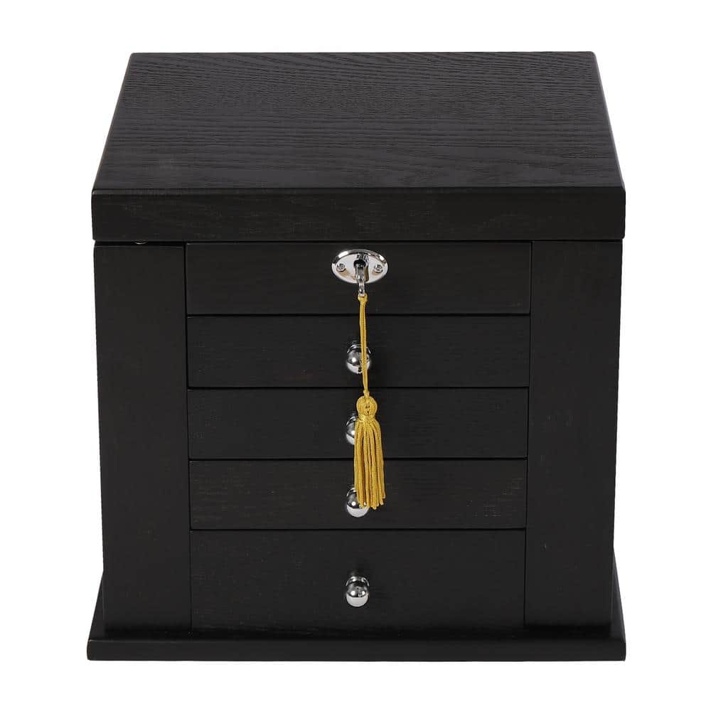 YIYIBYUS Large Black 5-Tier Wooden Jewelry Box Velvet Lining Storage Organizer with Drawers and Mirror