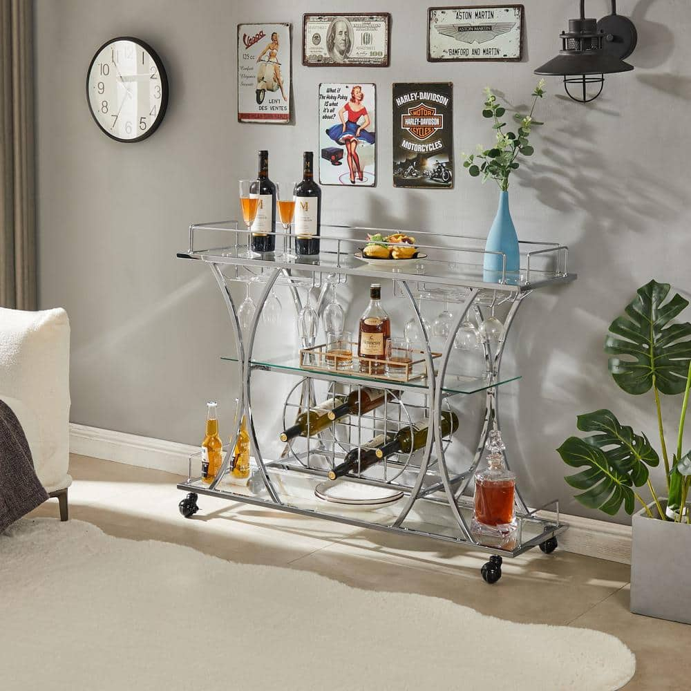 Zeus & Ruta 4-Bottle Sliver 3-Glass Shelves Serving Trolley Bar Cart with Durable Metal Frame Wine Rack Hotel Dining Room Restaurant